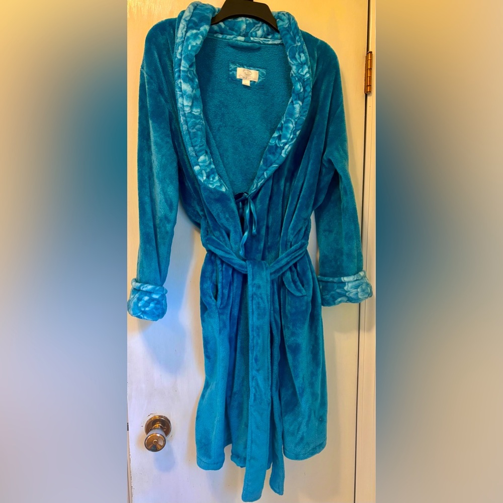 Oscar de la Renta Womens Blue Floral Bath Robe size S/M pockets warm fleece